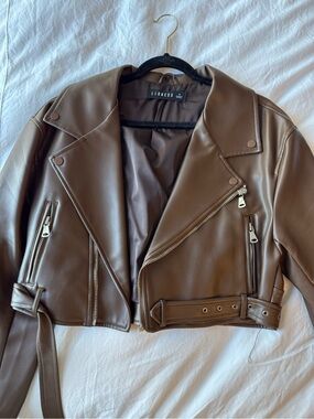 LIONESS Women's Brown Faux Leather Moto Jacket